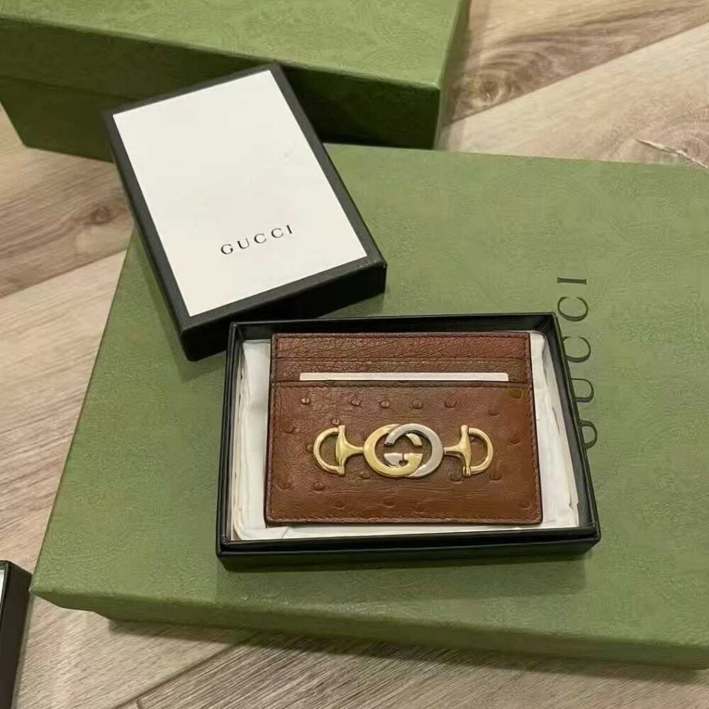 NIB Authentic Gucci Brown Ostrich Zumi Card Case Wallet